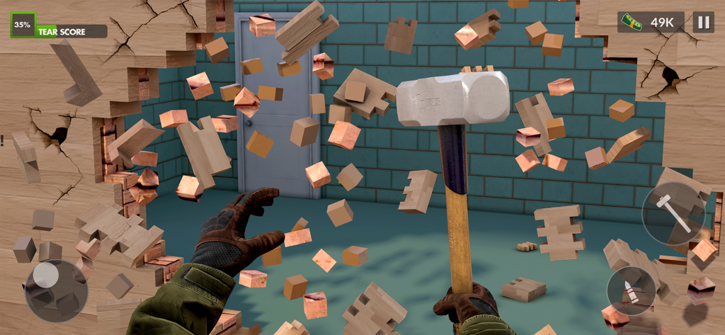 Jogabilidade em primeira pessoa de um jogador a destruir uma parede com um martelo em um simulador de demolição