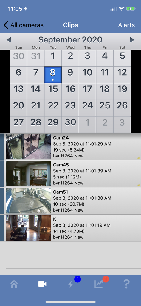 Blue Iris app interface showing a calendar and a list of recorded security camera video clips with timestamps