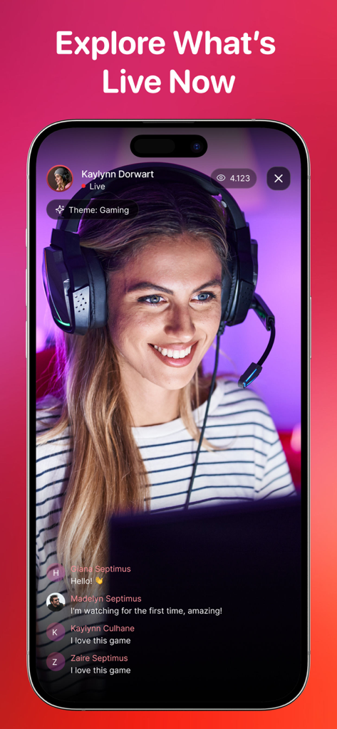 SoLive: Go Live Simulator - A woman smiling while wearing a gaming headset in a simulated live streaming interface with a viewer count and chat messages.