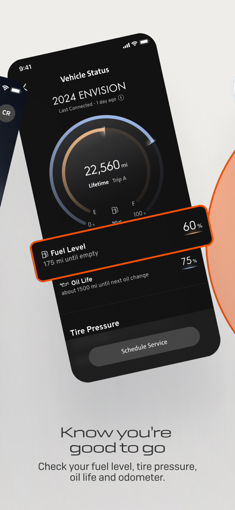 myBuick - MyBuick app screenshot showing vehicle diagnostics including fuel level and oil life for a 2024 Buick Envision