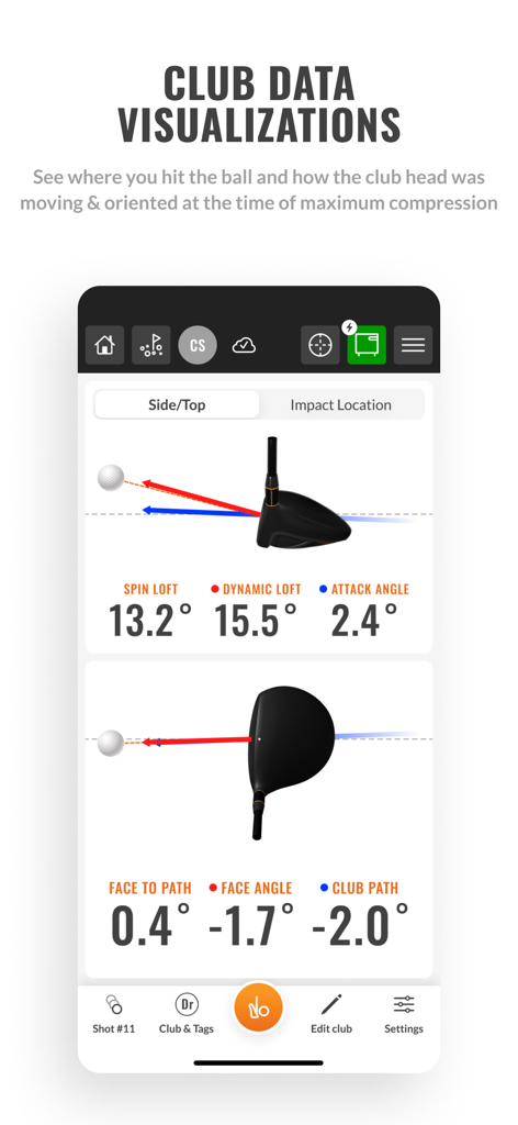 트랙맨 골프 프로 앱 인터페이스로, 3D 클럽 데이터 시각화와 다이내믹 로프트 및 클럽 패스를 포함한 임팩트 지표를 표시합니다.