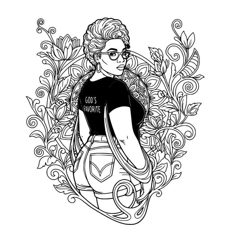 a 58 year old thick  black woman with blonde mohawk curly hair and glasses jean shorts and a black shirt with the words god’s favorite on it