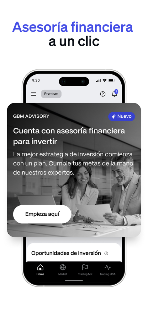 GBM app interface displaying financial advisory services for investors