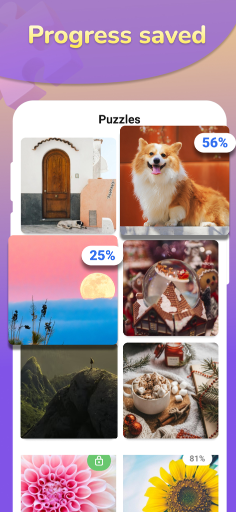 Selection screen of a jigsaw puzzle app showing categories like pets and landscapes with progress percentages