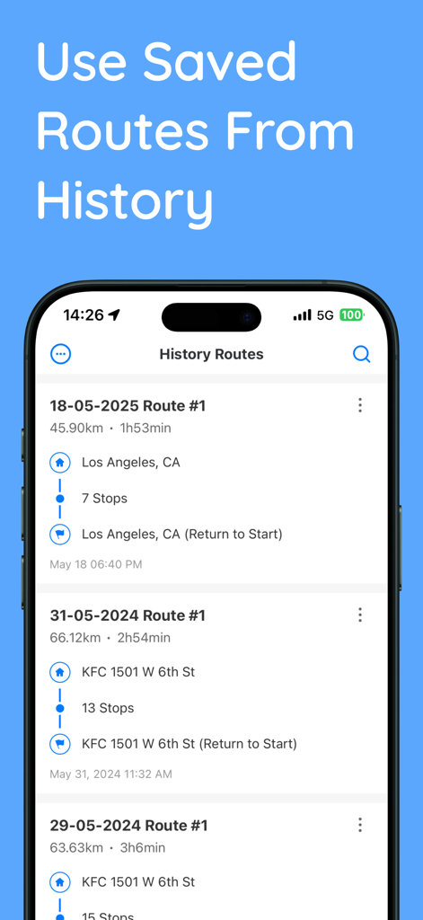Loop Route Planner - Interface of the Loop Route Planner app displaying a history of saved delivery routes with total stops and estimated travel time