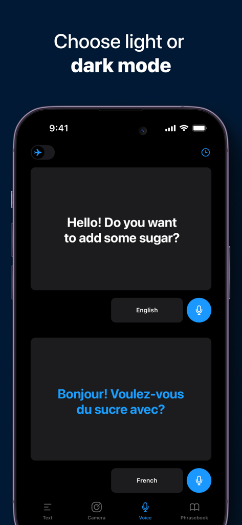 iTranslate app interface in dark mode showing a voice-to-voice translation from English to French
