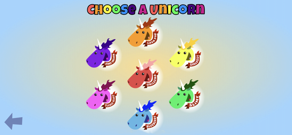 Selection menu screen with various colorful unicorns to choose from in the Unicorn Catch mobile game