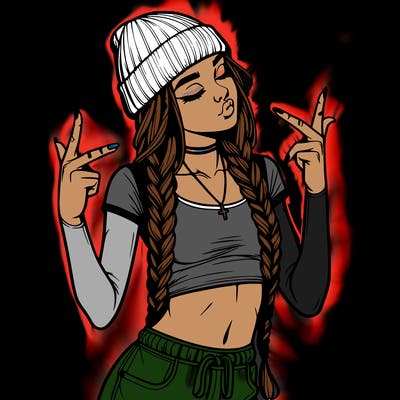 realistic teenage girl with braids and a beanie and crop top doing 🫶🏼