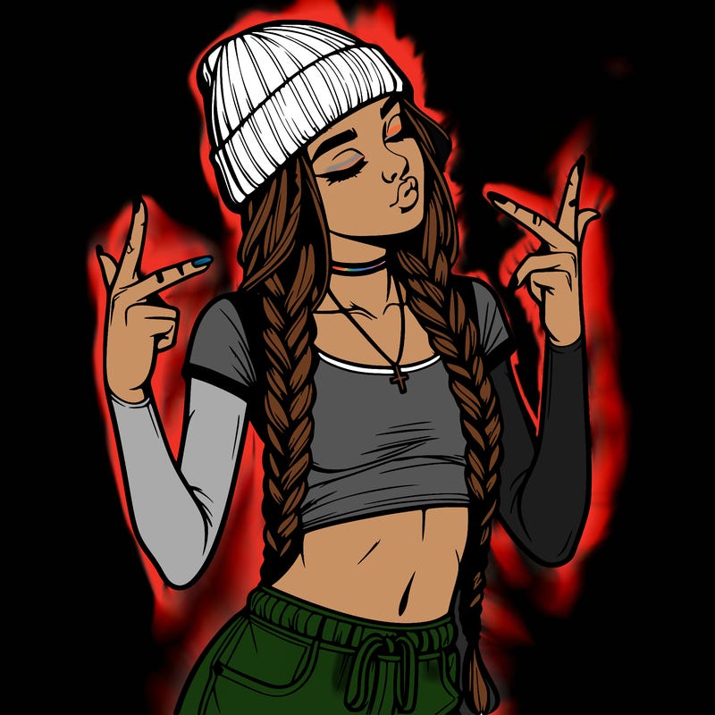 realistic teenage girl with braids and a beanie and crop top doing 🫶🏼