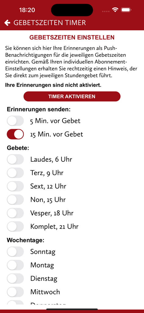 katholisch.de - Tela de configurações do aplicativo katholisch.de para configurar notificações push de horário de oração e o temporizador da Liturgia das Horas.