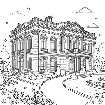 Step into a world of elegance with this intricate Beaux-Arts mansion coloring page, perfect for young architects and dreamers. Kids will love bringing this majestic home to life with their favorite colors.