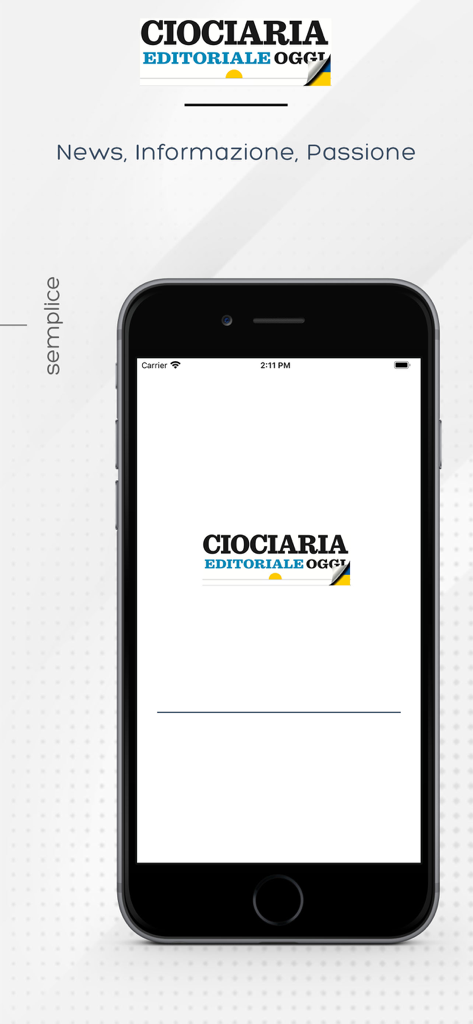 Pantalla de inicio de la aplicación de noticias Ciociaria Oggi en un smartphone mostrando el logo y el eslogan.