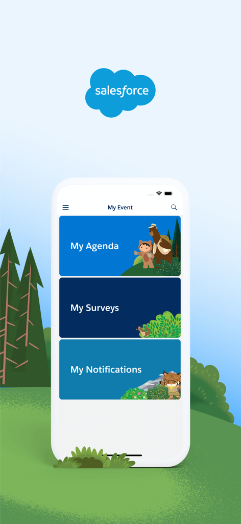 Écran d'accueil de l'application mobile Salesforce Events montrant les boutons My Agenda, My Surveys et My Notifications