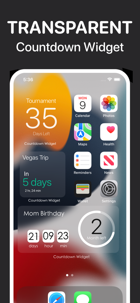 Countdown widget : Day Counter - Uma tela inicial do iPhone mostrando vários widgets de contagem regressiva transparentes e estéticos para um torneio, viagem a Las Vegas e aniversário