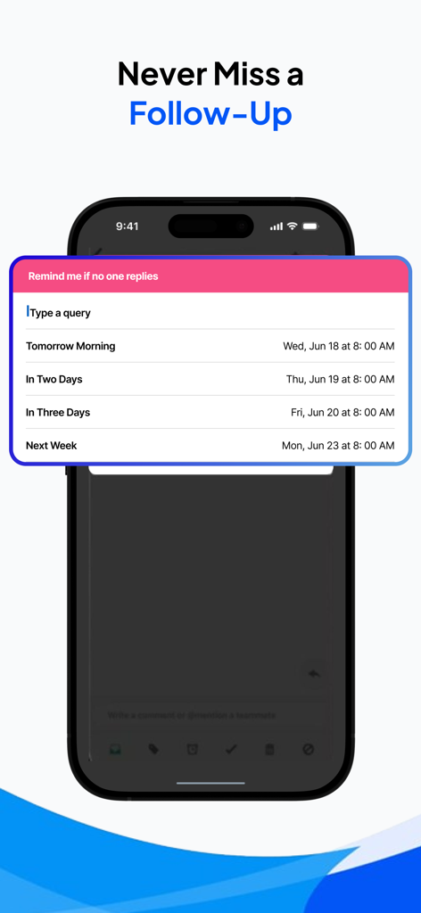 Polymail app interface showing follow up reminder options with specific date and time settings