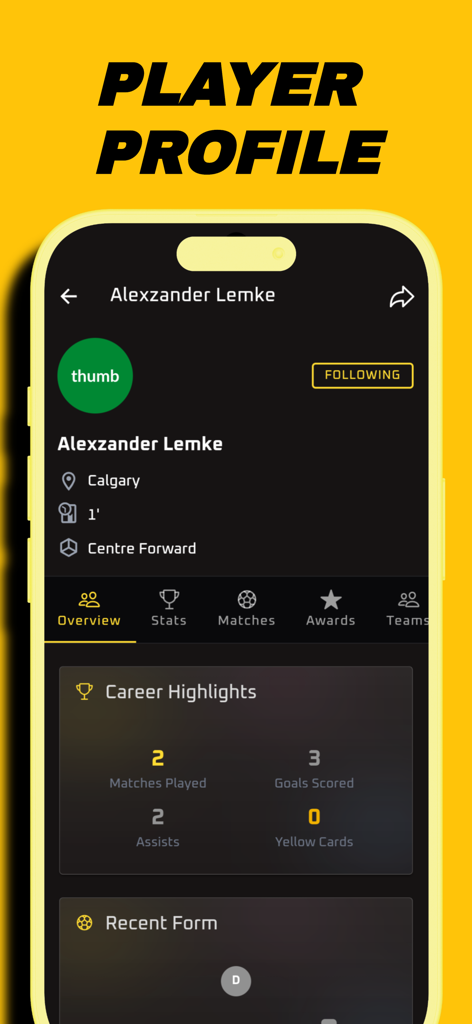 ScoreMyGoal - Football Scoring - ScoreMyGoal app showing a soccer player profile with career highlights and stats