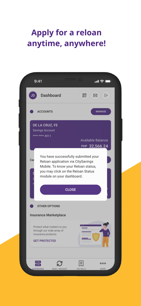 CitySavings Mobile - CitySavings Mobile app dashboard showing a successful reloan application submission message.