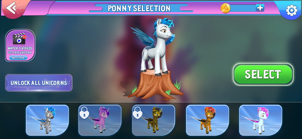Little Unicorn Running Game 3D - Pony selection menu in Little Unicorn Running Game 3D showing various unlockable characters like a blue-maned unicorn and tiger-striped pony.