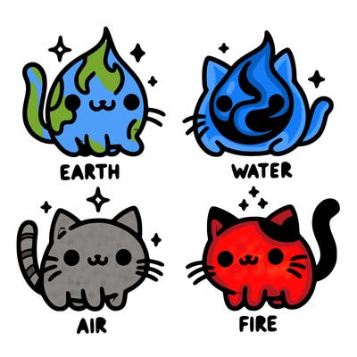4 cats that represent the different elements, earth, water, air, and fire