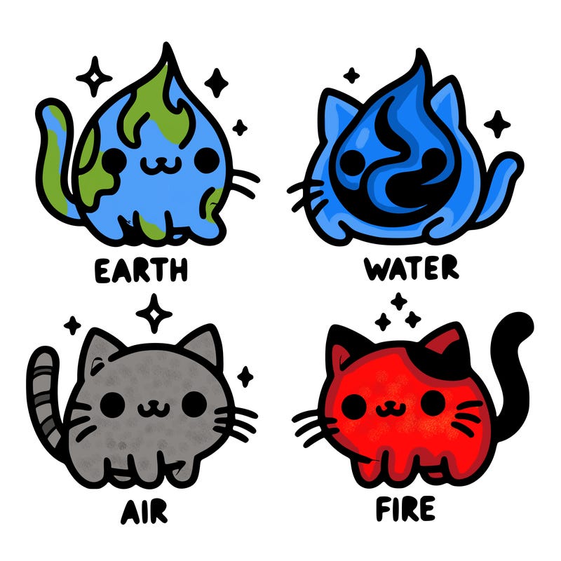 4 cats that represent the different elements, earth, water, air, and fire