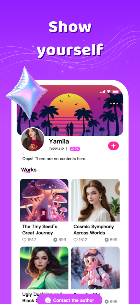 Yamila - Yamila app interface showing a user profile page with a collection of AI-generated story covers and titles