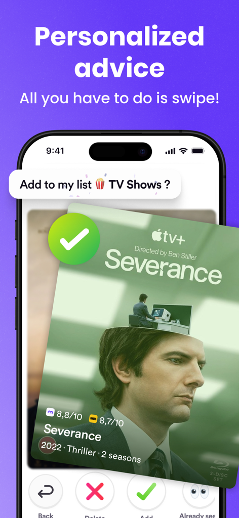 Memorizer: movies books series - Swipe interface of Memorizer app for personalized TV show and movie recommendations