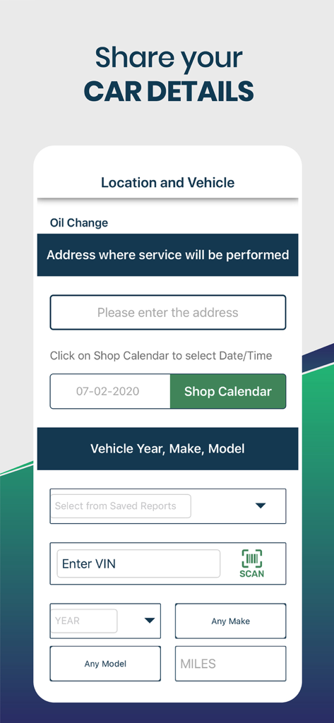 Interfaz de la aplicación UcarMobile para ingresar los detalles del vehículo y la ubicación del servicio