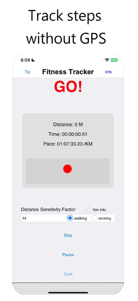 GPS 없이 걷기 또는 달리기 세션에 대한 실시간 거리 및 페이스 추적을 보여주는 피트니스 트래커 모바일 앱 스크린샷.