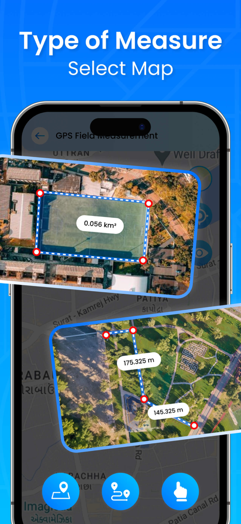 GPS Field Area & Land Measure - GPS Field Area and Land Measure app interface showing area and distance measurements on a satellite map