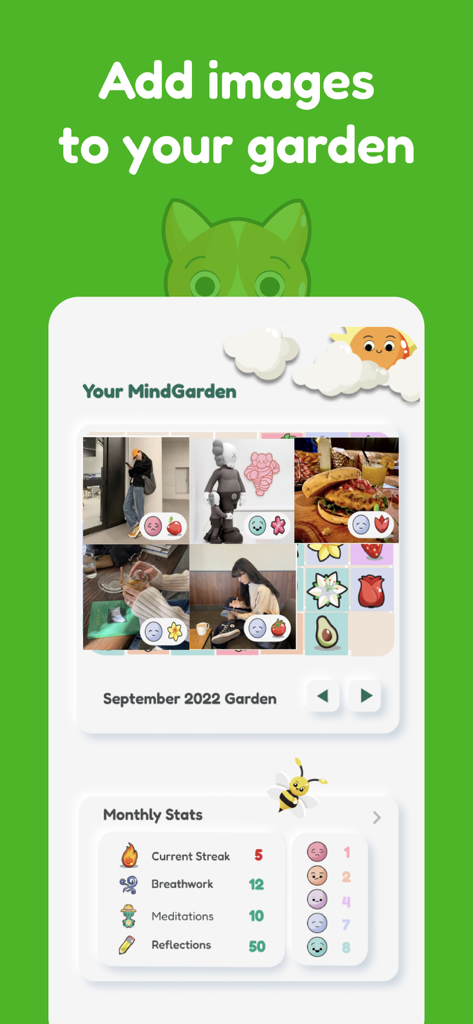 MindGarden app interface showing a personalized photo journal and monthly meditation statistics.