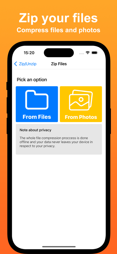 Unzipper: Zip and Unzip files - Écran de l'application mobile Unzipper montrant les options pour compresser des fichiers et des photos depuis le stockage local.