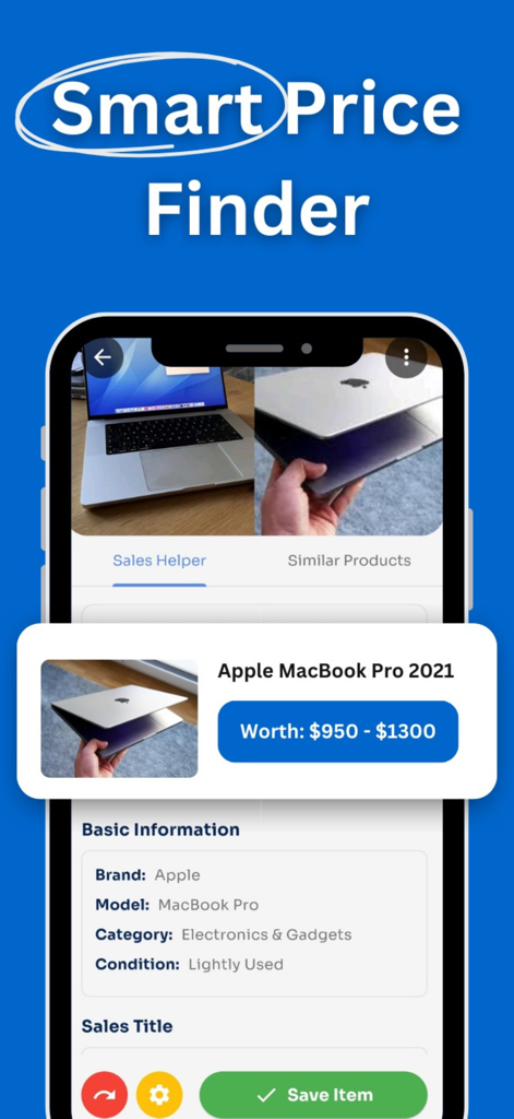 ResaleScan app interface showing an AI-powered price valuation for a used MacBook Pro