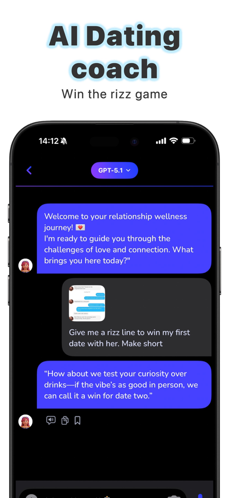 Ask AI Anything - Aido - Aido app screenshot showing the AI Dating coach feature providing dating tips and rizz lines for relationships.