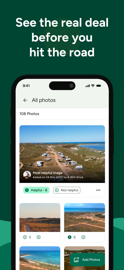 A mobile screen showing a gallery of user submitted photos of australian campsites in the wikicamps app