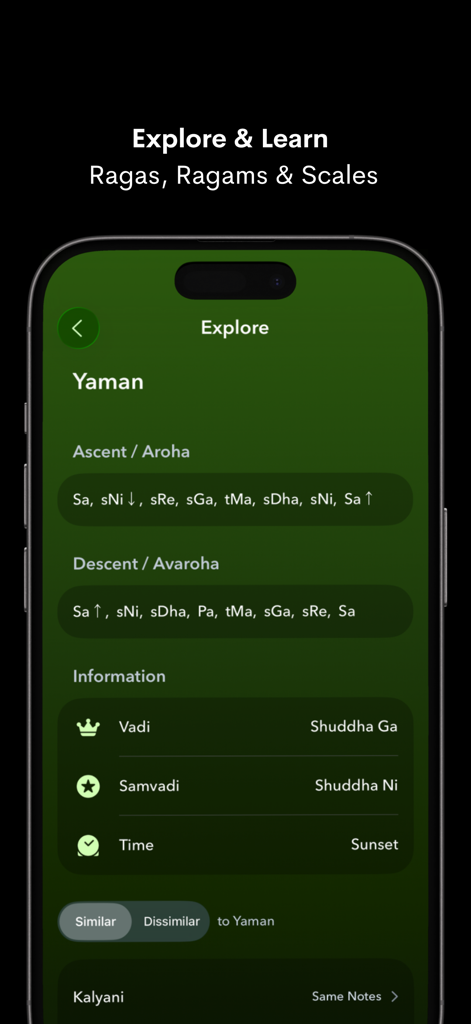 Interfaz de la aplicación NaadSadhana mostrando detalles para Raga Yaman incluyendo ascenso, descenso y tiempo de interpretación