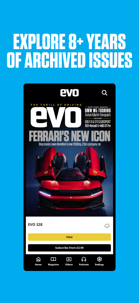 Screenshot of the evo Magazine app displaying a Ferrari cover and mentioning over 8 years of archived issues.