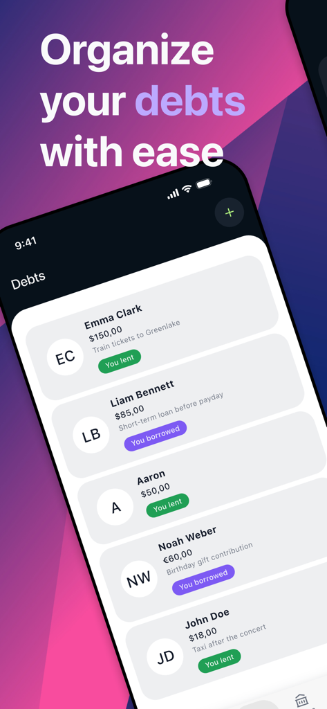 Debts & Savings Tracker - Interfaz de la aplicación Rastreador de Deudas y Ahorros mostrando una lista de dinero prestado y adeudado con contactos