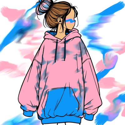realistic girl with a oversized sweatshirt on and a bun
