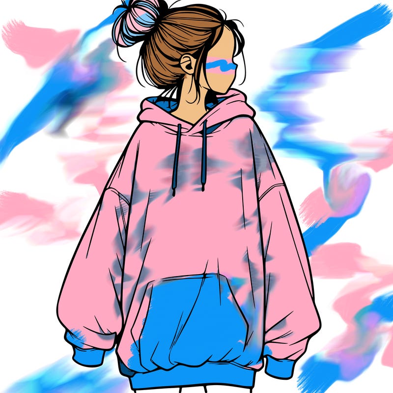 realistic girl with a oversized sweatshirt on and a bun