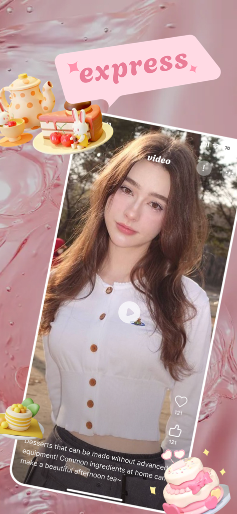 A video tutorial screen from the Salsa app showing a young woman sharing dessert making tips surrounded by pink graphics and cake icons