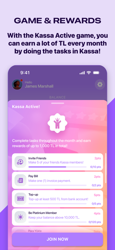 The Kassa app rewards screen displaying various tasks to earn cash rewards like inviting friends and paying bills.