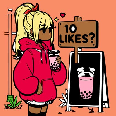 girl with oversized hoodie drinking boba and she has a high ponytail with a sign that says 10likes?