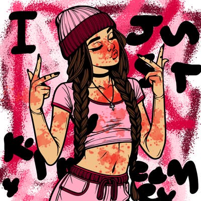 realistic teenage girl with braids and a beanie and crop top doing 🫶🏼