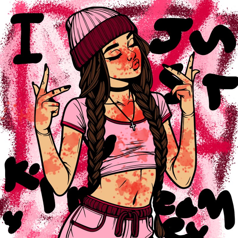 realistic teenage girl with braids and a beanie and crop top doing 🫶🏼