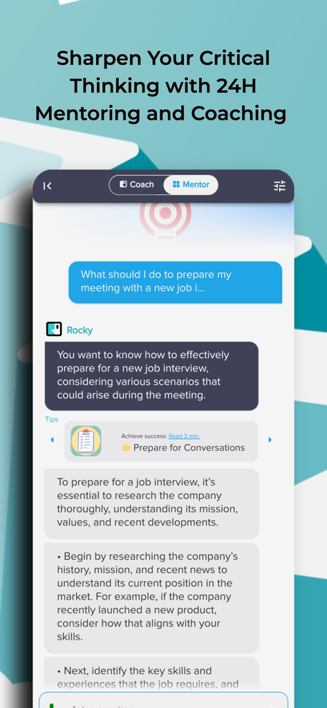 My AI Coach Rocky App-Oberfläche, die einen Chat mit Tipps zur Vorbereitung auf Vorstellungsgespräche und kritischem Denken zeigt.