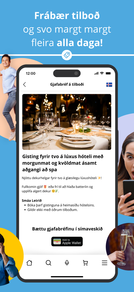 Aha.is - Aha.is app interface showing a gift voucher for a luxury hotel stay with breakfast and spa access