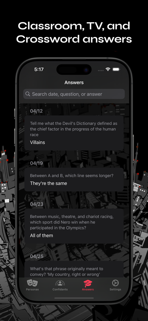 P5R Guide - Interface of P5R Guide app displaying a list of classroom quiz answers