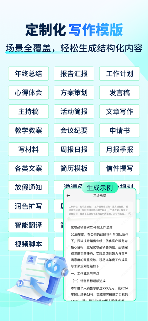 Interfaz de la aplicación AI Smart Writer que muestra un menú de plantillas de escritura para informes, resúmenes y planes con un ejemplo de documento generado.