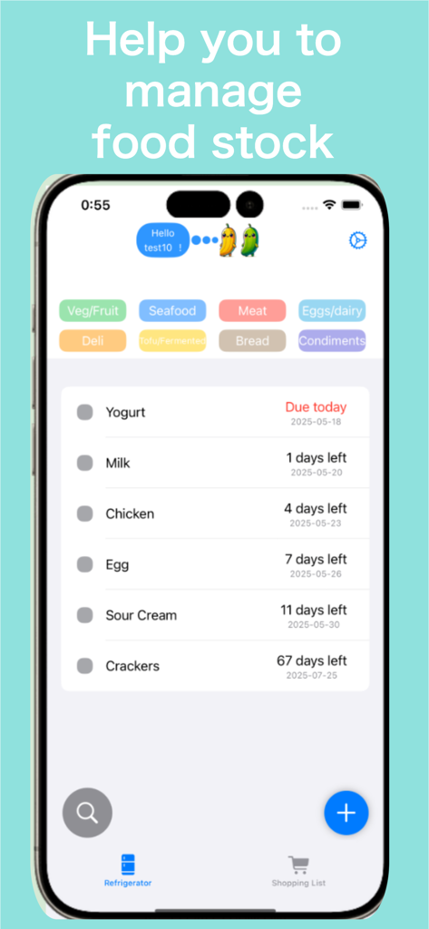 Fresh Guide - Fresh Guide app interface showing a list of food items with their remaining days before expiration
