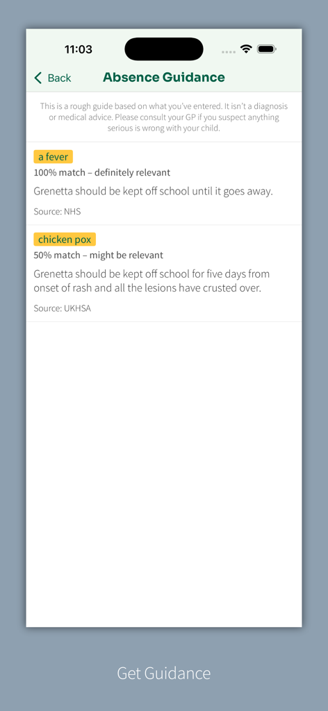 Studybugs - Studybugs app interface displaying medical guidance for school absence based on fever and chicken pox symptoms
